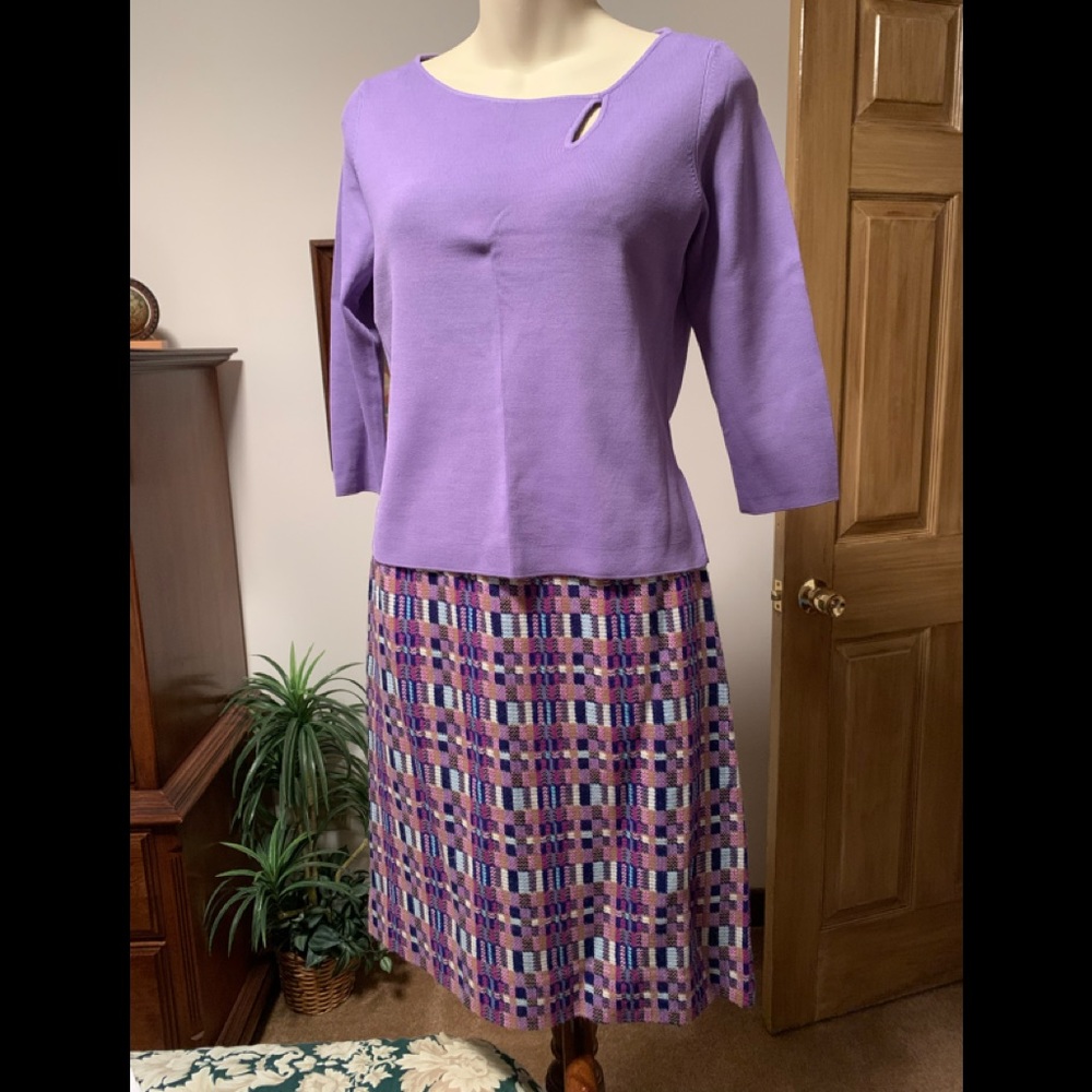 2 pc outfit. Dainty, purple, Jessica Ash top with plaid acrylic skirt.